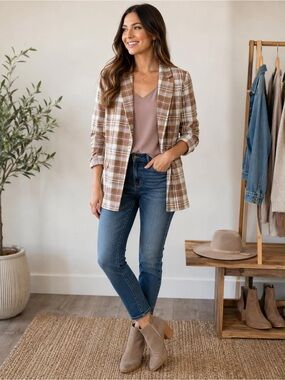 Alter’d State Plaid Open Front Blazer Ruched Sleeve Jacket |S|